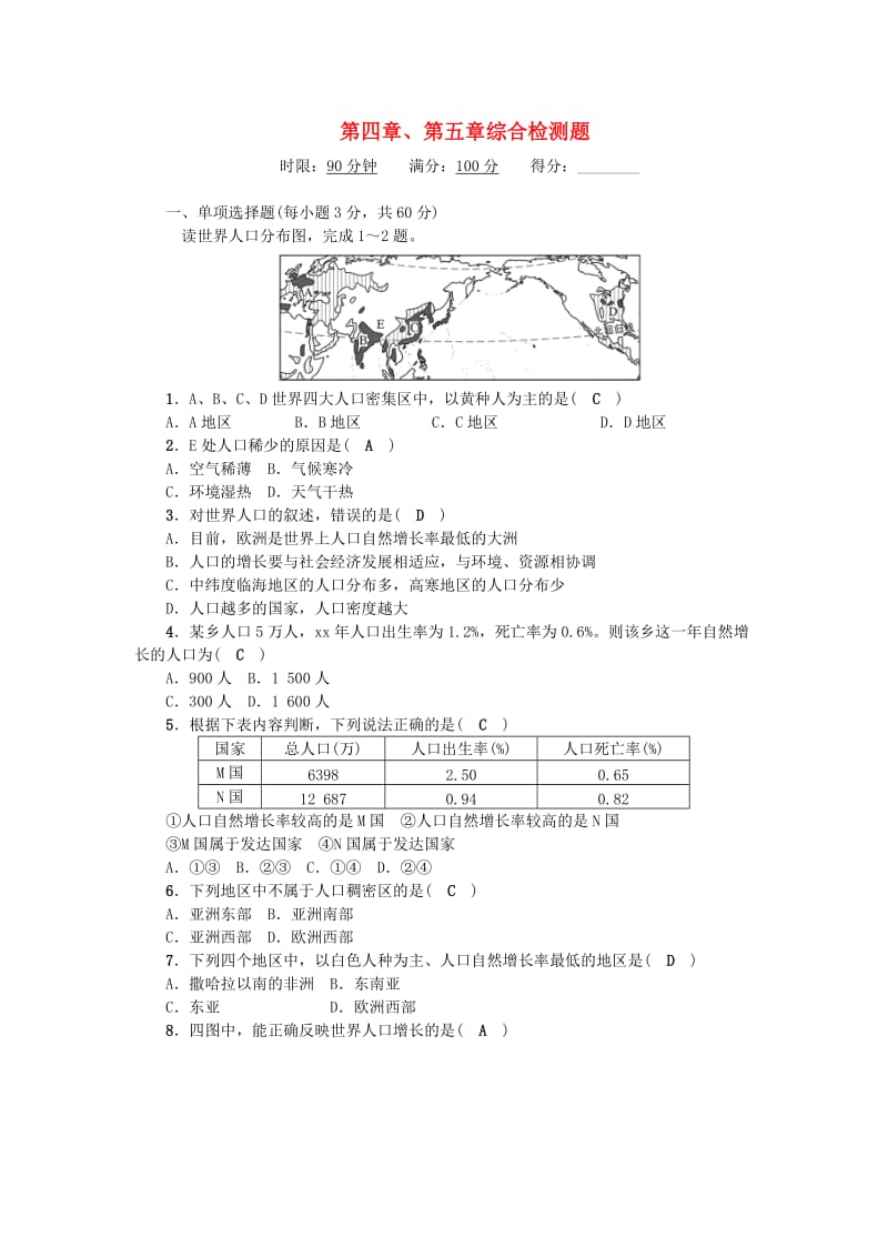 七年级地理上册 第四章、第五章综合检测题 （新版）新人教版.doc_第1页