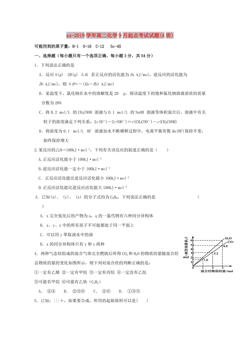 2018-2019学年高二化学9月起点考试试题(A班).doc_第1页