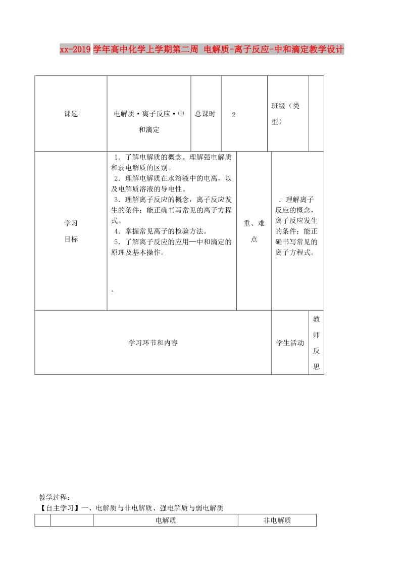 2018-2019学年高中化学上学期第二周 电解质-离子反应-中和滴定教学设计.doc_第1页