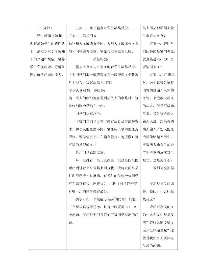 安徽省七年级生物下册 4.4.4《输血与血型》教案2 （新版）新人教版.doc_第2页