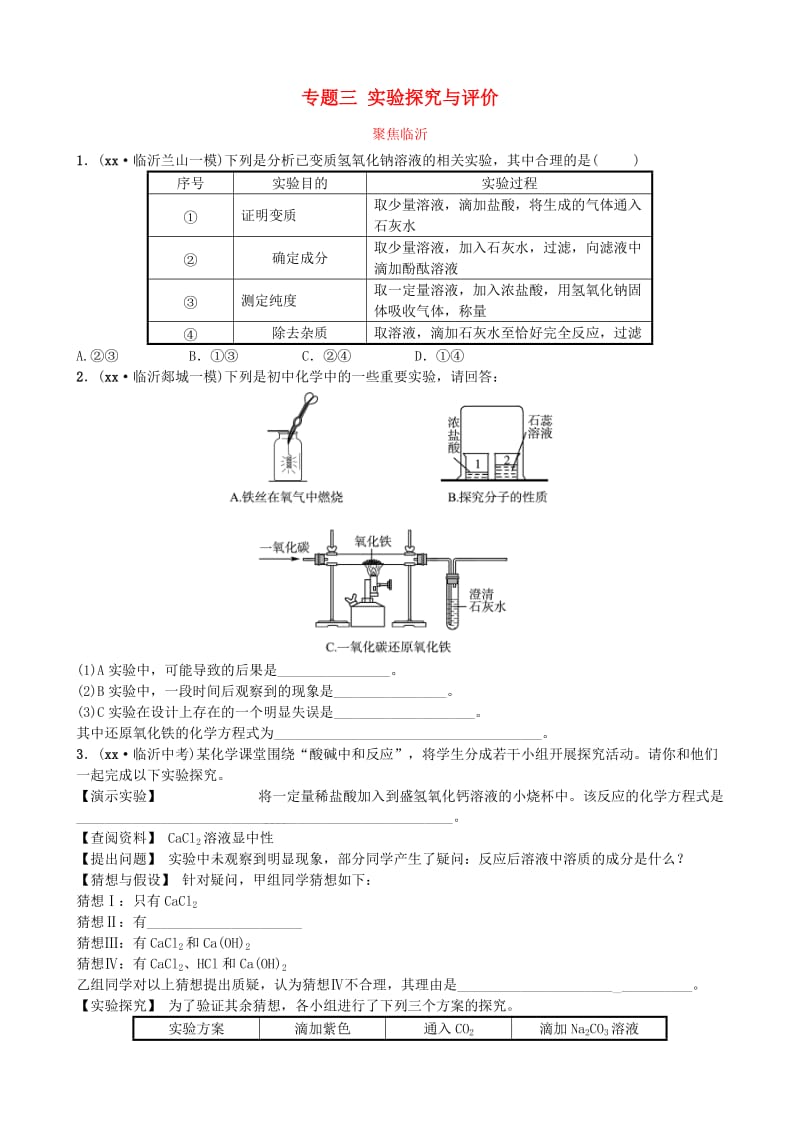 山东省临沂市中考化学复习 专题三 实验探究与评价练习.doc_第1页