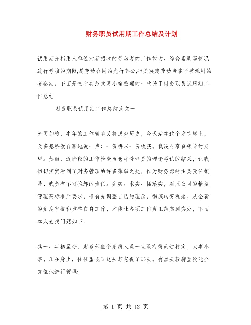 财务职员试用期工作总结及计划.doc_第1页