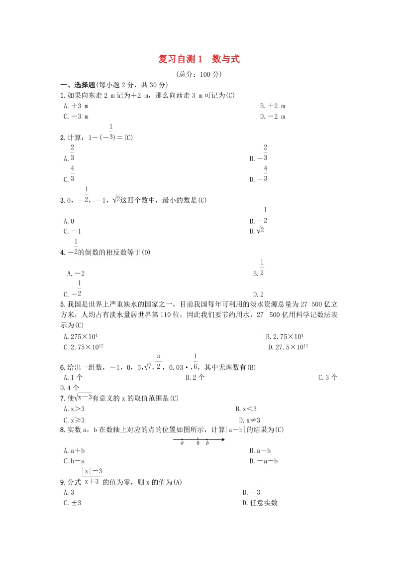 （安徽专版）九年级数学下册 复习自测1 数与式习题 （新版）沪科版.doc_第1页