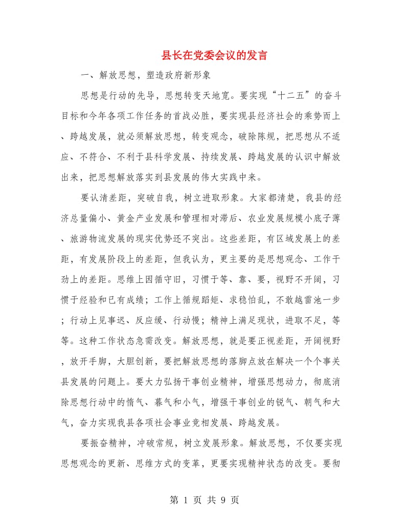 县长在党委会议的发言.doc_第1页