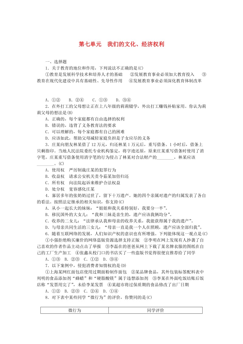 山西地区中考政治总复习八年级第七单元我们的文化经济练习.doc_第1页