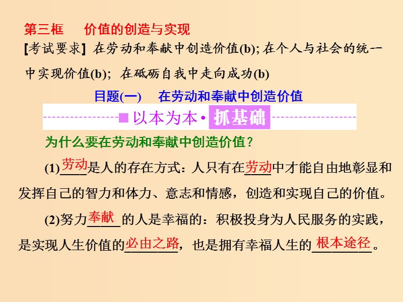 （浙江專版）2019年高中政治 第四單元 認(rèn)識(shí)社會(huì)與價(jià)值選擇 第十二課 實(shí)現(xiàn)人生的價(jià)值 第三框 價(jià)值的創(chuàng)造與實(shí)現(xiàn)課件 新人教版必修4.ppt_第1頁(yè)