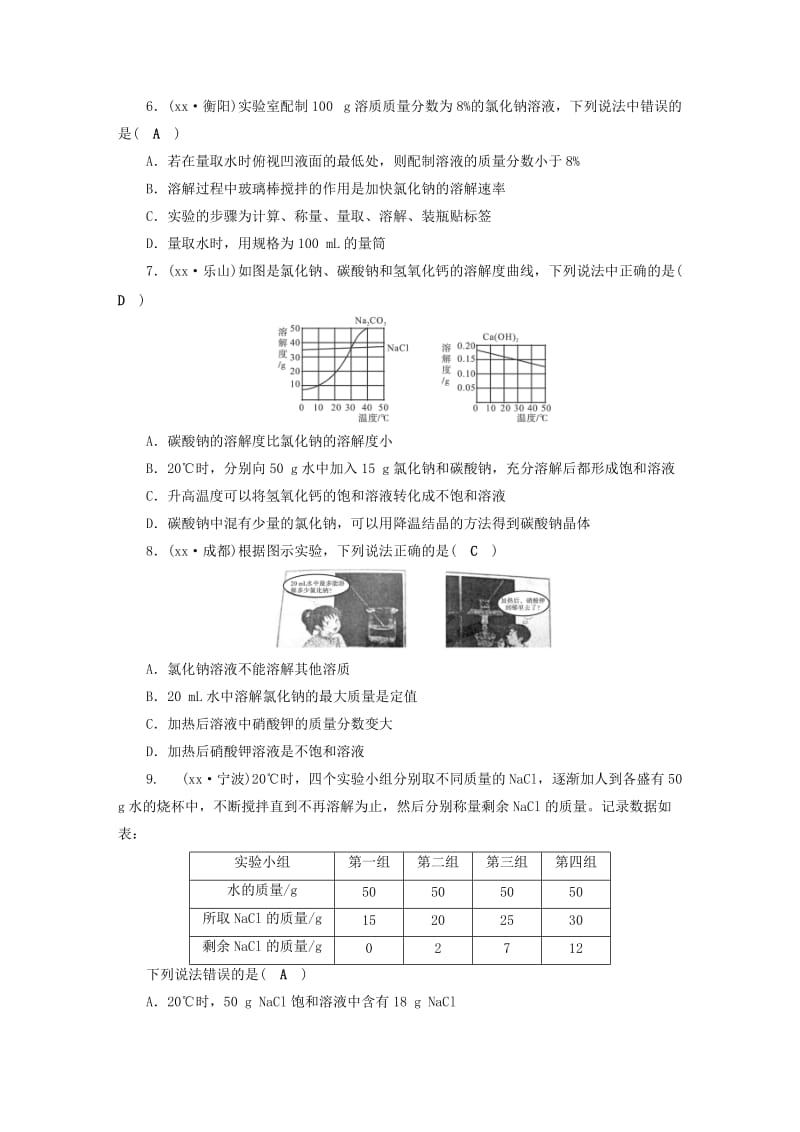 安徽省2019中考化学决胜复习 第一部分 考点探究 第10课时 溶液习题.doc_第2页