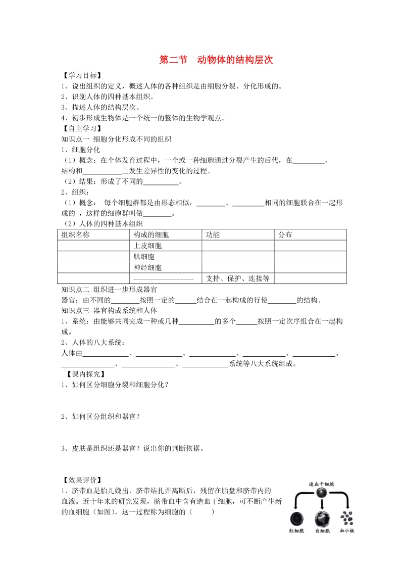 七年级生物上册2.2.2动物体的结构层次学案无答案 新人教版.doc_第1页