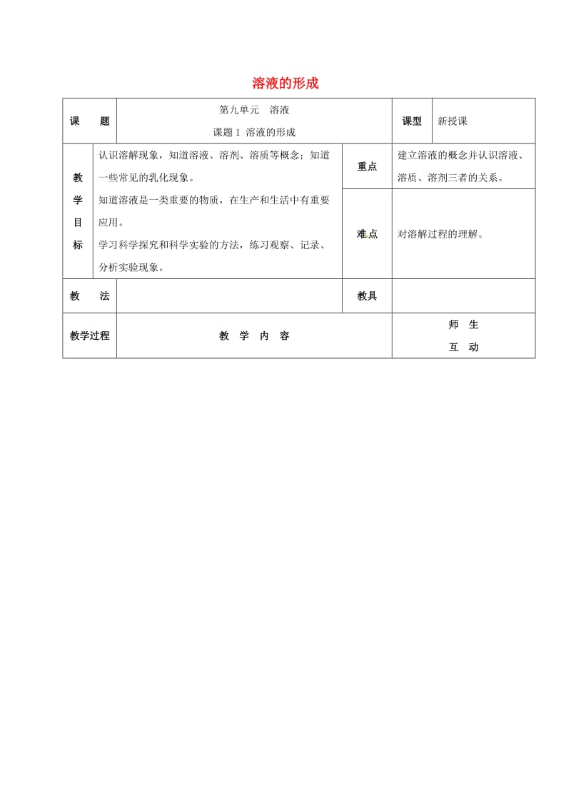 河北省邢台市桥东区九年级化学下册 第9单元 溶液 9.1 溶液的形成教案 （新版）新人教版.doc_第1页