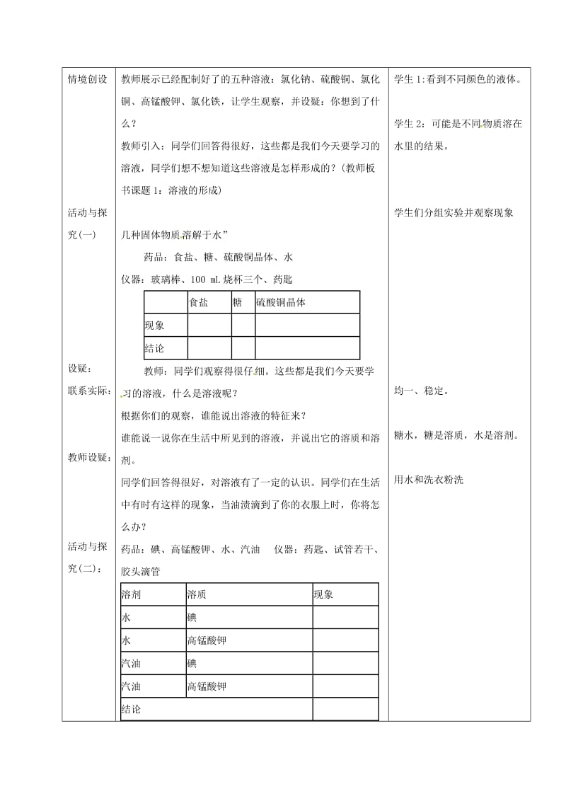 河北省邢台市桥东区九年级化学下册 第9单元 溶液 9.1 溶液的形成教案 （新版）新人教版.doc_第2页