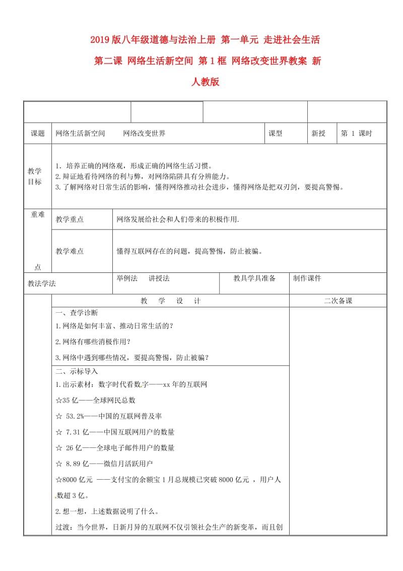 2019版八年级道德与法治上册 第一单元 走进社会生活 第二课 网络生活新空间 第1框 网络改变世界教案 新人教版.doc_第1页