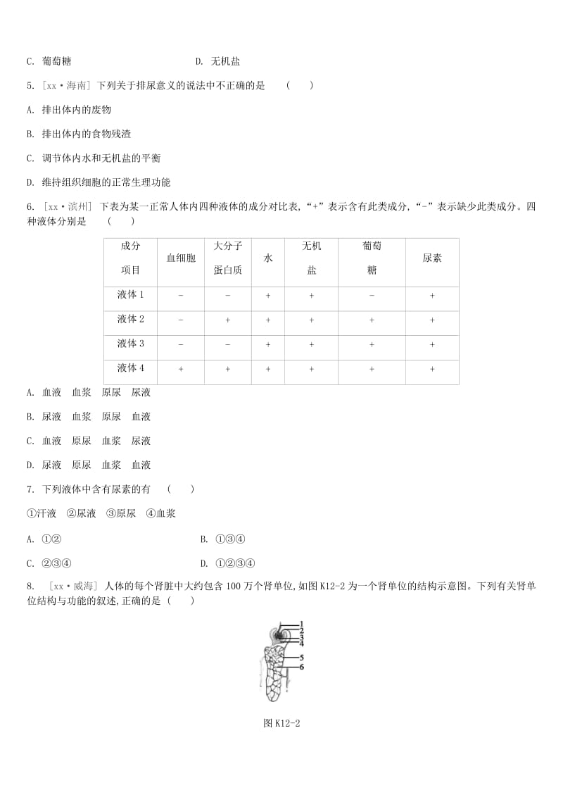 中考生物复习 第五单元 生命活动的调节和生态系统的稳定 课时训练12 人体内废物的排出.doc_第2页