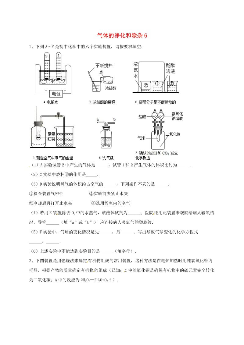 吉林省吉林市中考化学复习练习 气体的净化和除杂6 新人教版.doc_第1页