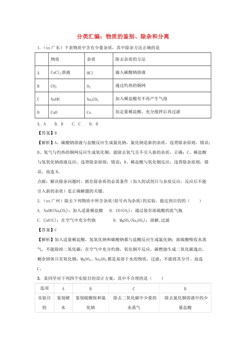 中考化学题分类汇编 物质的鉴别、分离和除杂（含解析）.doc_第1页