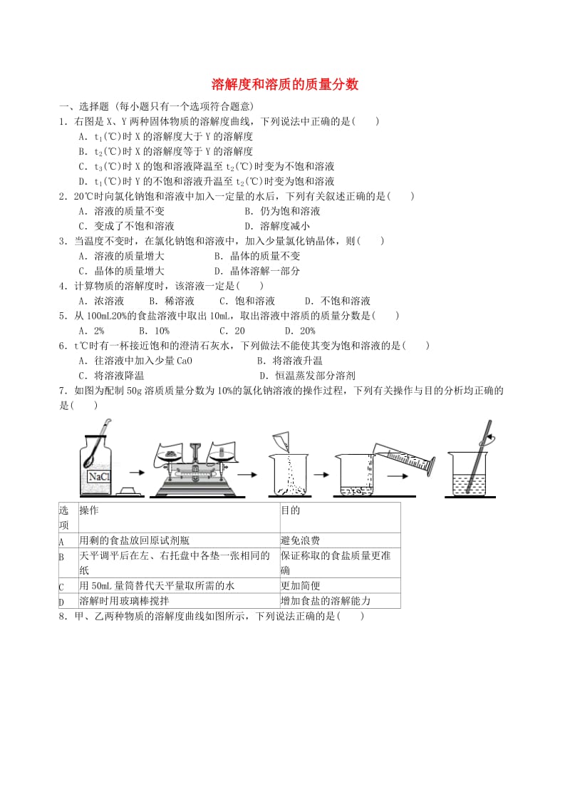 九年级化学下册《溶解度和溶质的质量分数》习题导练（含解析）（新版）新人教版.doc_第1页