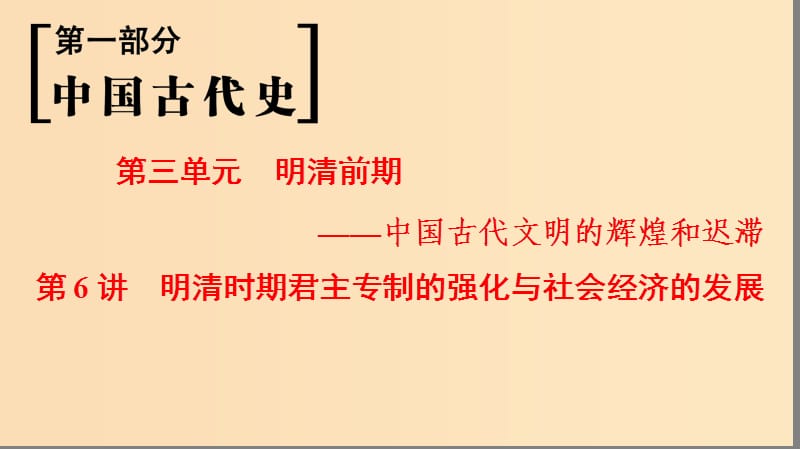 （通史版通用）2019版高考歷史一輪總復(fù)習(xí) 第1部分 中國古代史 第3單元 第6講 明清時期君主專制的強化與社會經(jīng)濟的發(fā)展課件.ppt_第1頁