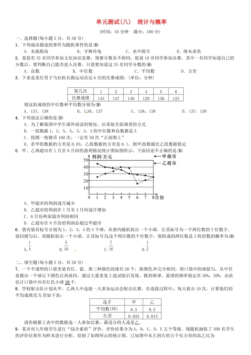 全国通用版2019年中考数学复习单元测试八统计与概率.doc_第1页