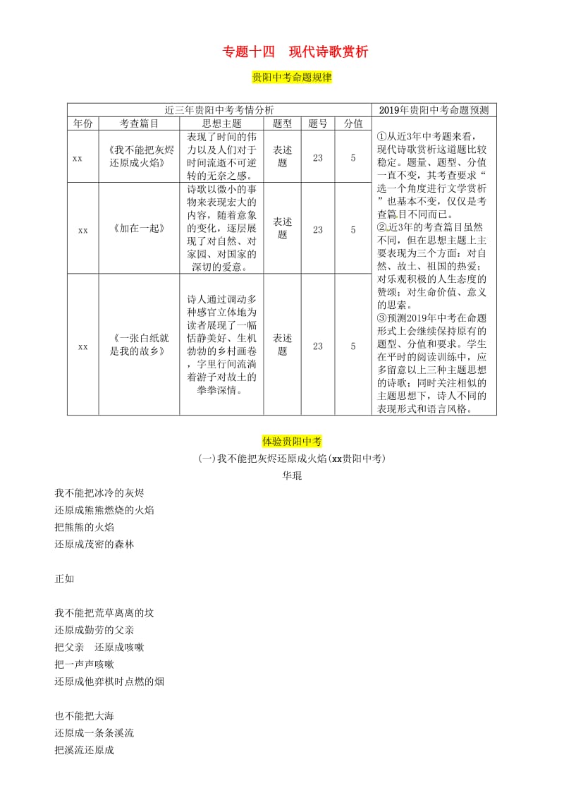 （贵阳专版）2019届中考语文总复习 第2部分 阅读 专题14 现代诗歌赏析习题1.doc_第1页