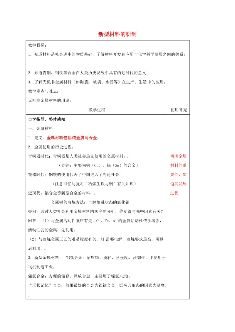 江苏省徐州市铜山区九年级化学下册 9.2 新型材料的研制 9.2.1 新型材料的研制教案 沪教版.doc_第1页