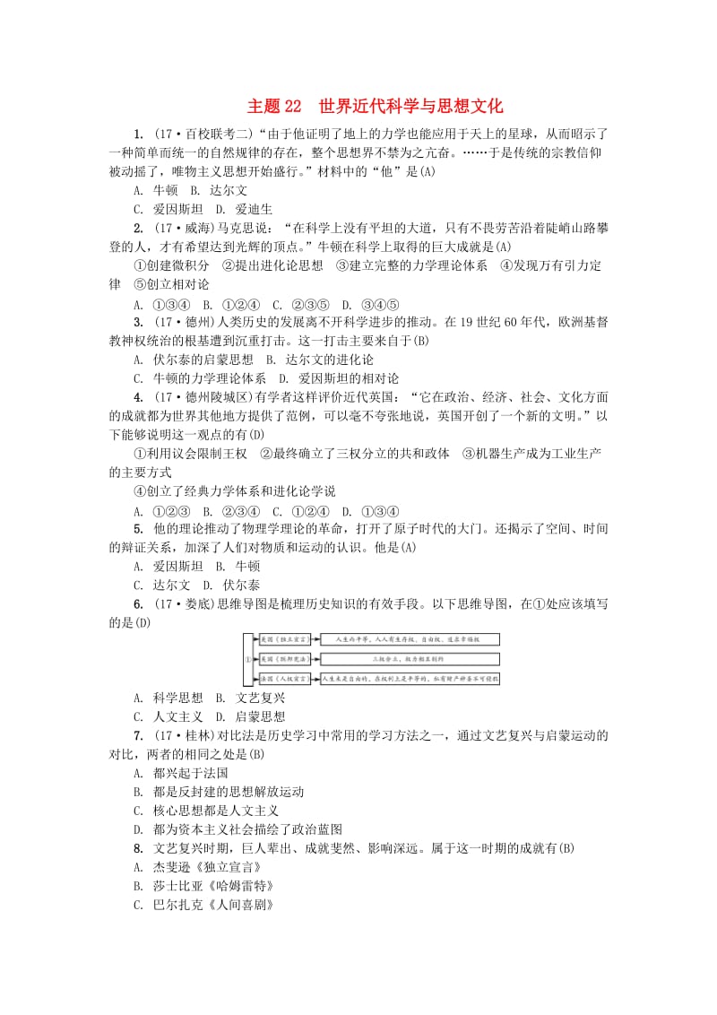 （山西地区）中考历史总复习 主题22 世界近代科学与思想文化练习.doc_第1页