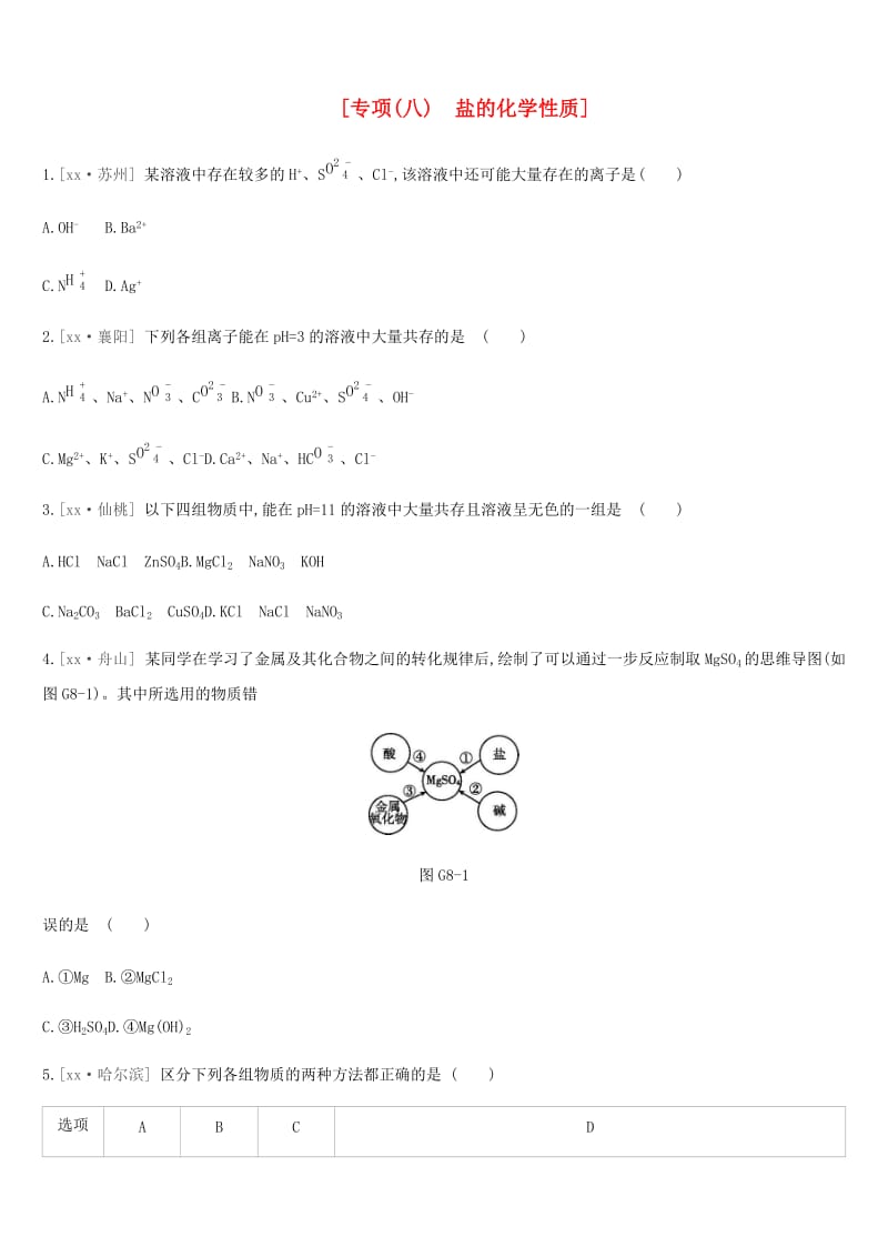 安徽省2019年中考化学复习 第一篇 基础过关篇 专项08 盐的化学性质练习.doc_第1页