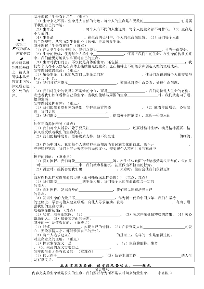 安徽省铜陵市七年级道德与法治上册 第四单元 生命的思考复习学案 新人教版.doc_第2页