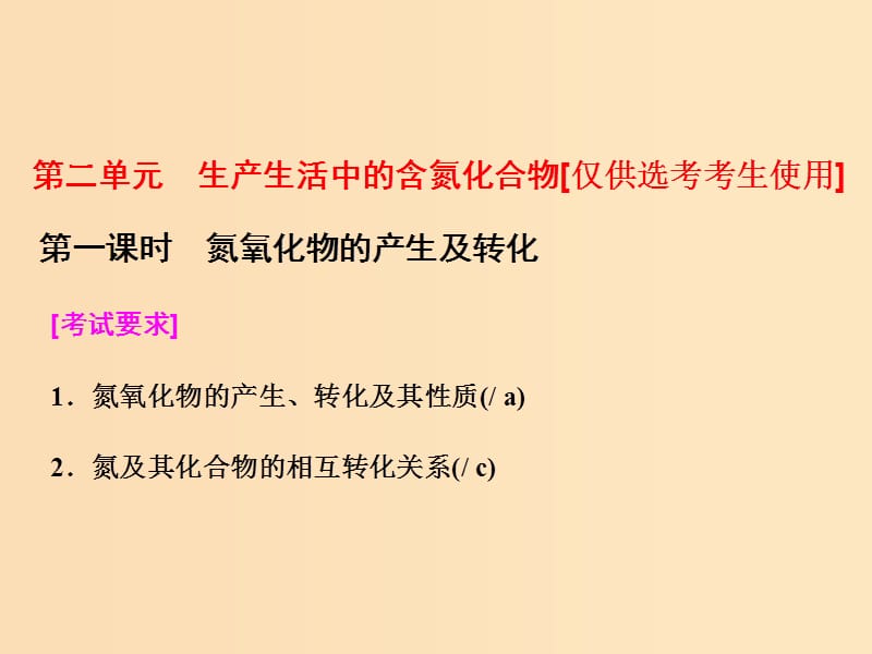 （浙江專版）2017-2018學(xué)年高中化學(xué) 專題4 硫、氮和可持續(xù)發(fā)展 第二單元 第一課時(shí) 氮氧化物的產(chǎn)生及轉(zhuǎn)化課件 蘇教版必修1.ppt_第1頁