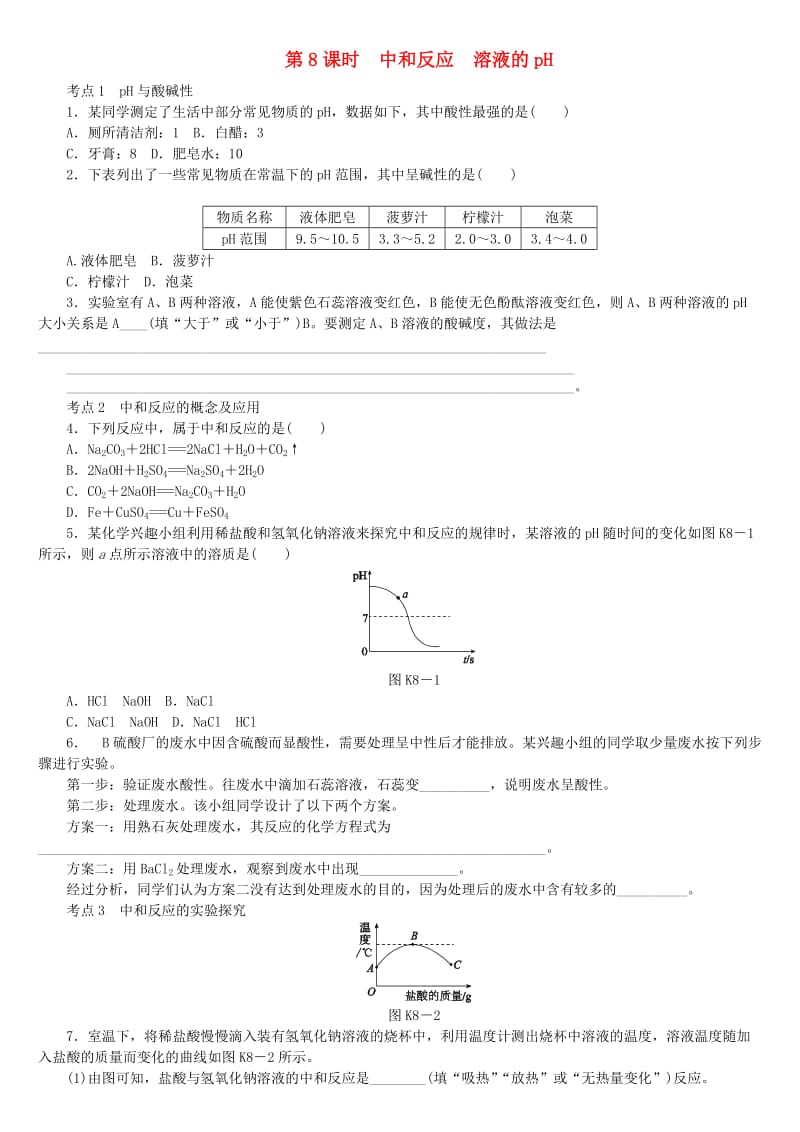 中考化学专题复习 第8课时 中和反应 溶液的pH练习 新人教版.doc_第1页