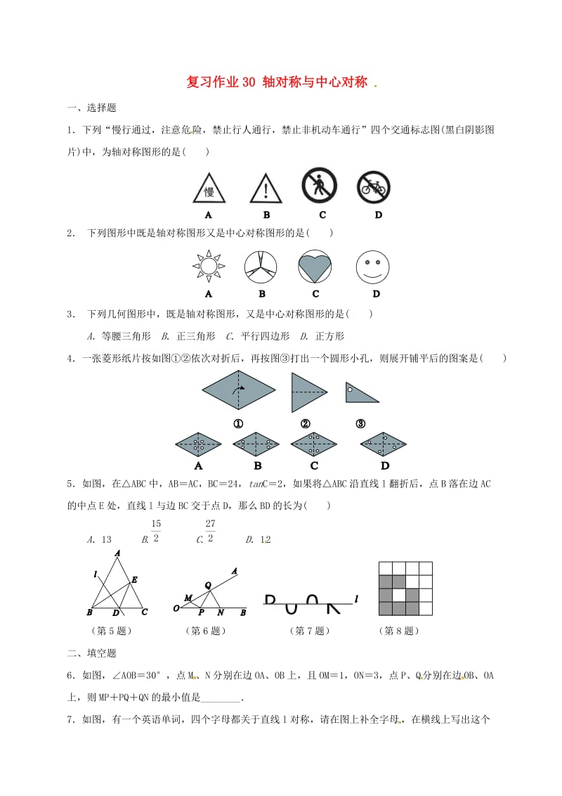 江苏省淮安市淮阴区凌桥乡九年级数学下学期复习作业30 轴对称与中心对称.doc_第1页