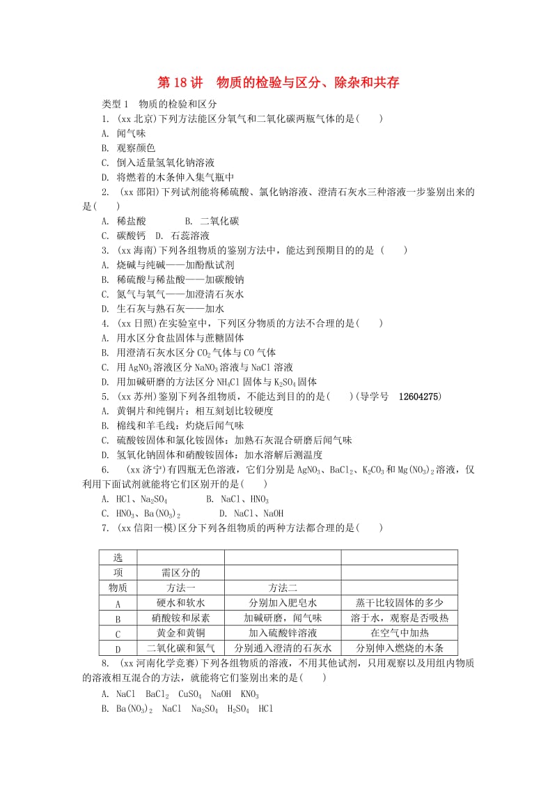 河南省中考化学复习 第18讲 物质的检验与区分、除杂和共存练习.doc_第1页