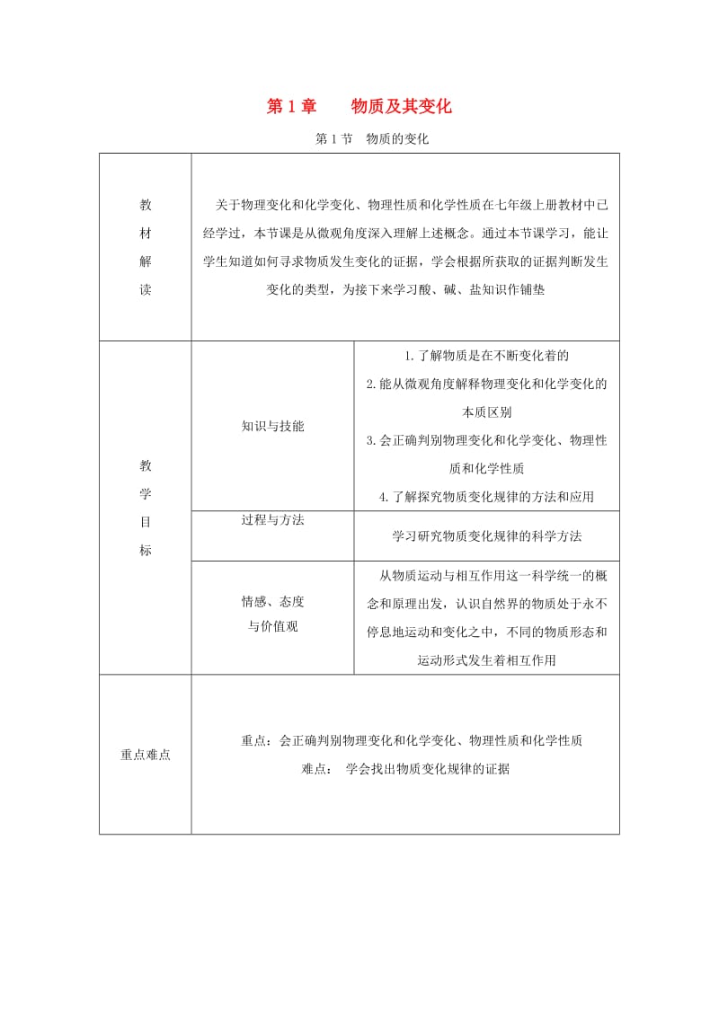 九年级科学上册 第1章 物质及其变化 第1节 物质的变化导学案（新版）浙教版.doc_第1页