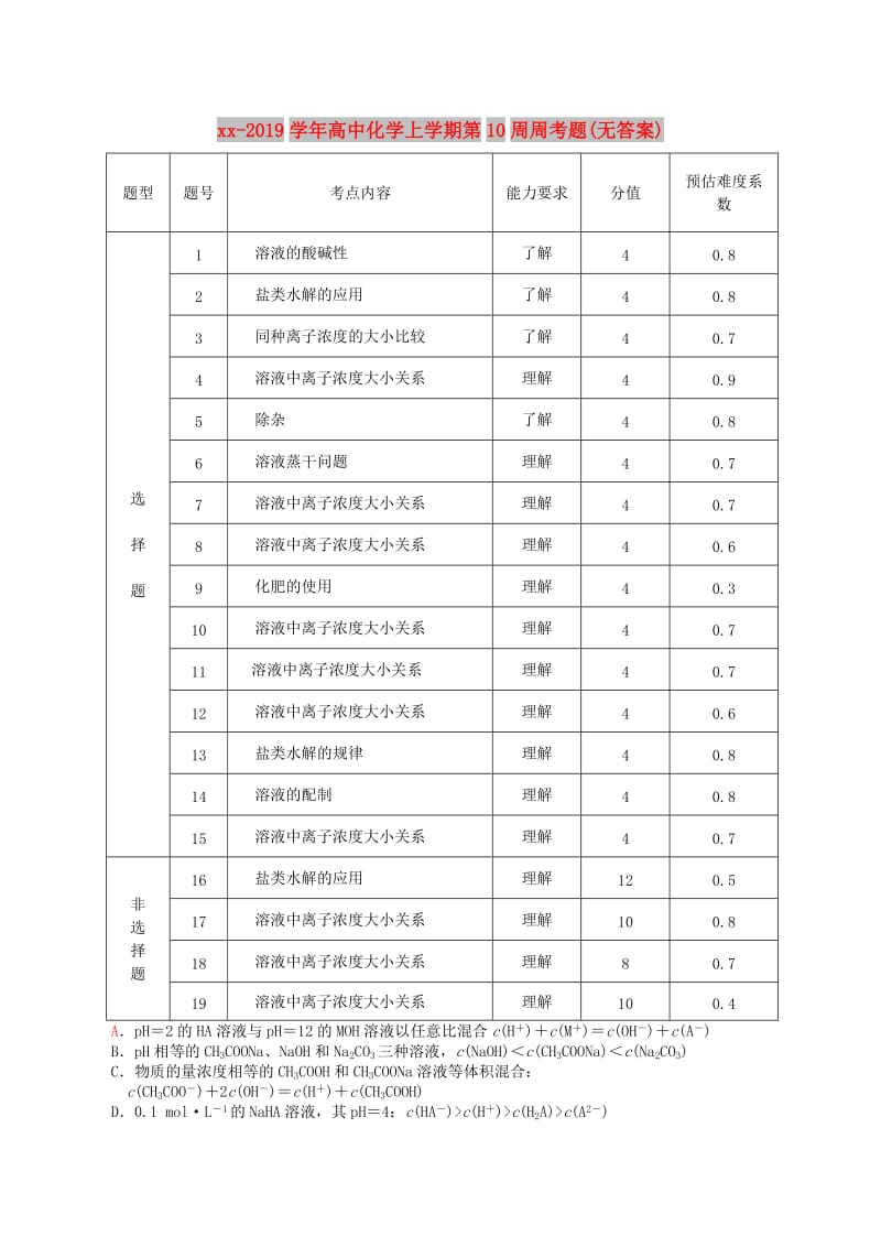 2018-2019学年高中化学上学期第10周周考题(无答案).doc_第1页