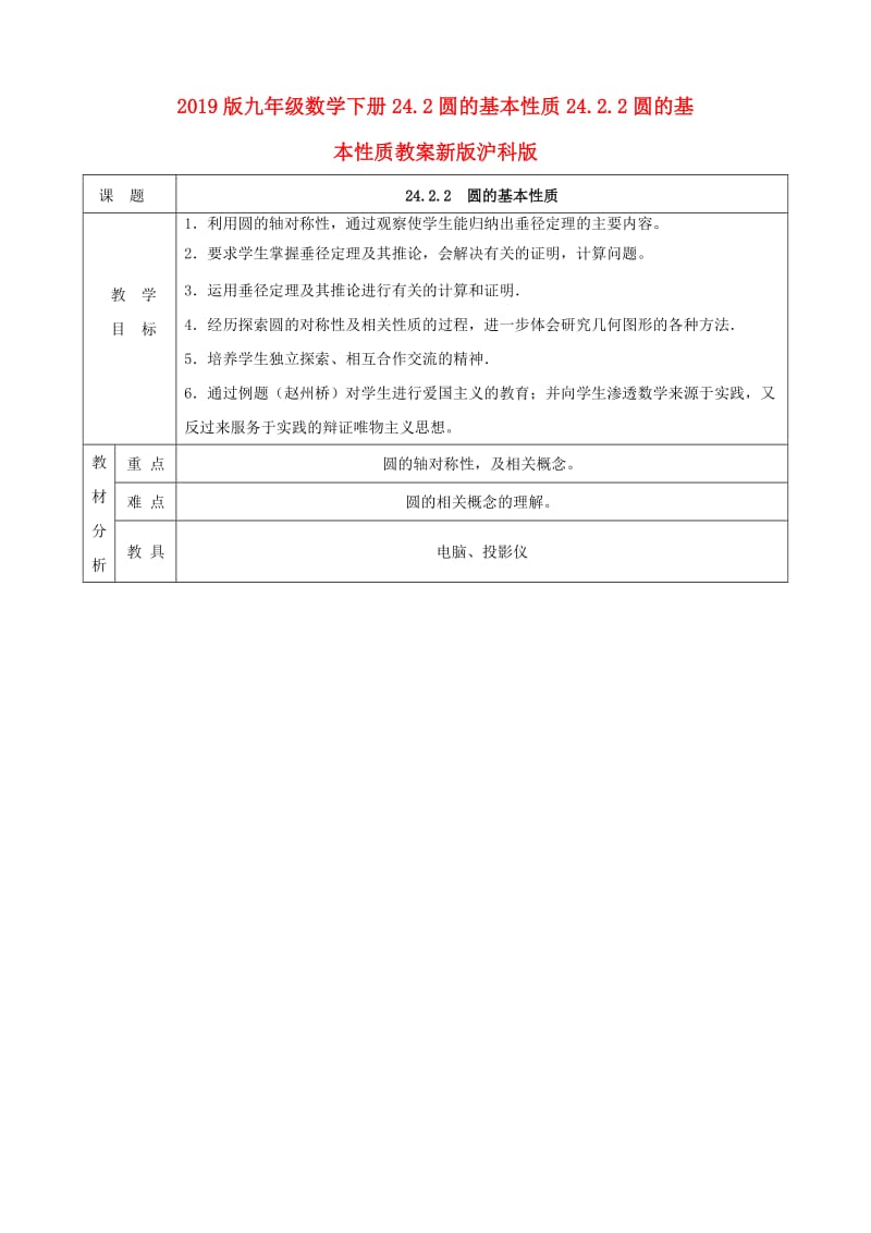 2019版九年级数学下册24.2圆的基本性质24.2.2圆的基本性质教案新版沪科版.doc_第1页