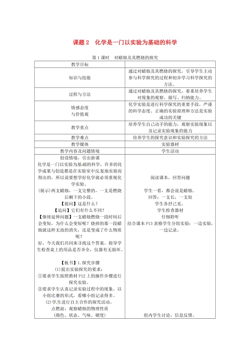 九年级化学上册 第1单元 走进化学世界 1.2 化学是一门以实验为基础的科学教案 （新版）新人教版.doc_第1页