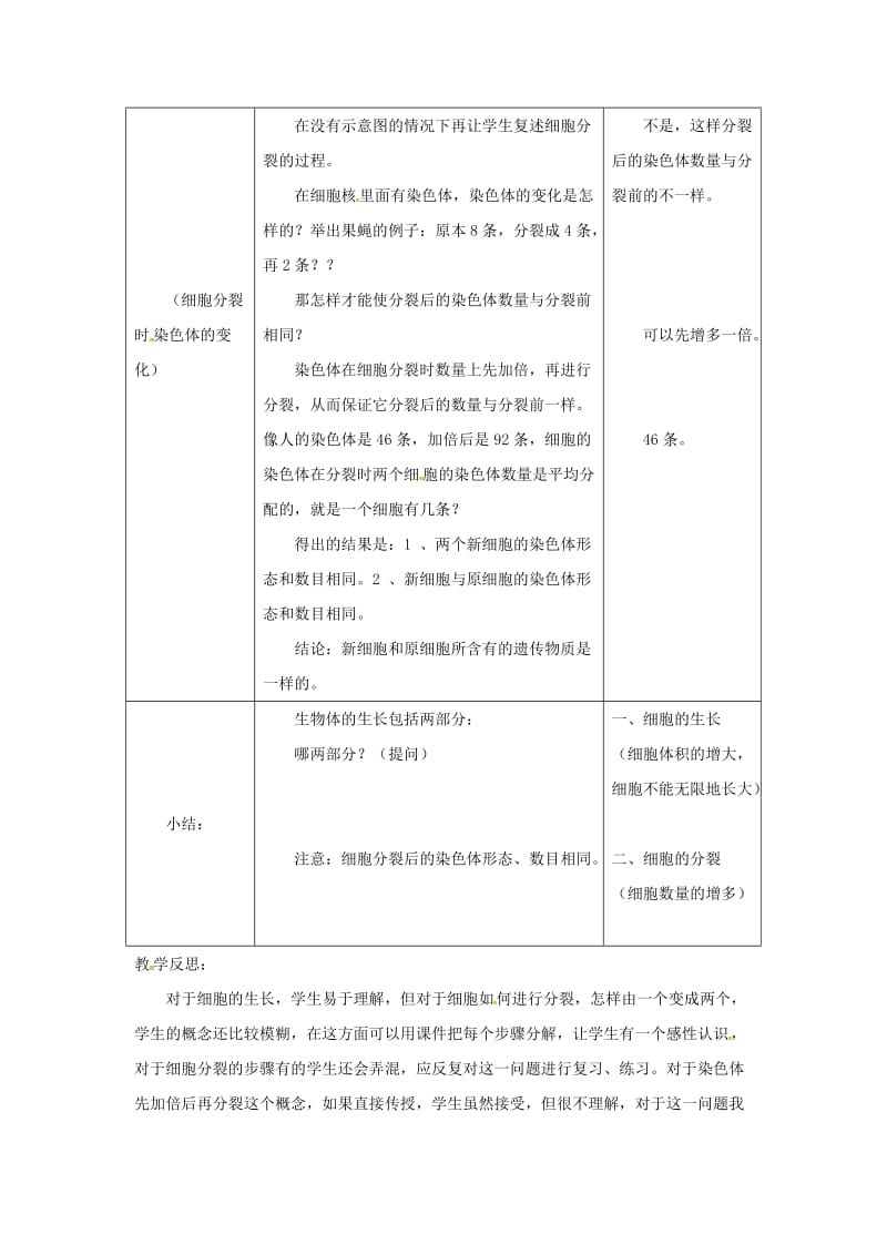安徽省七年级生物上册 2.2.1《细胞通过分裂产生新细胞》教案3 （新版）新人教版.doc_第2页