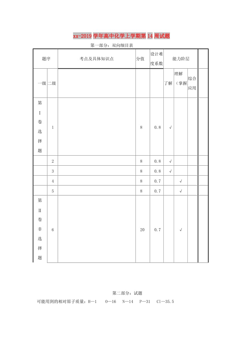 2018-2019学年高中化学上学期第14周试题.doc_第1页