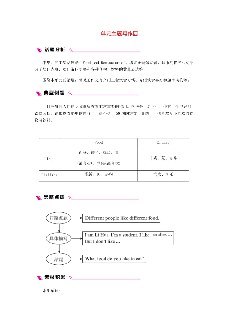 七年级英语上册 Unit 4 Food and Restaurants主题写作四同步练习 （新版）冀教版.doc_第1页