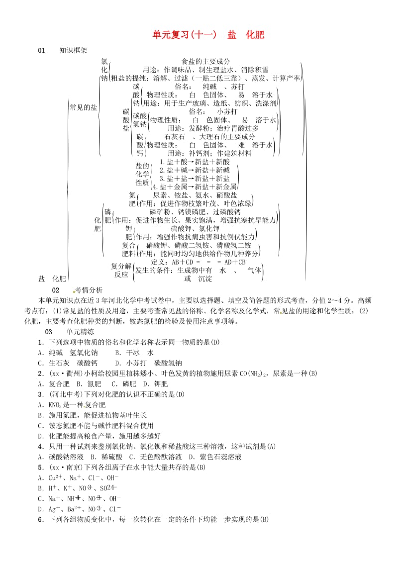 河北省九年级化学下册 第十一单元 盐 化肥单元复习（十一）盐 化肥习题 （新版）新人教版.doc_第1页