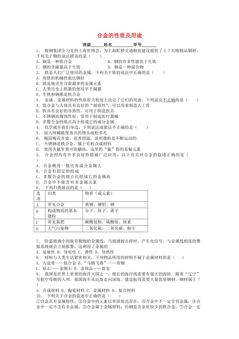 九年级化学下册 第八单元 金属和金属材料 金属材料 合金的性质及用途课后微练习1 新人教版.doc_第1页