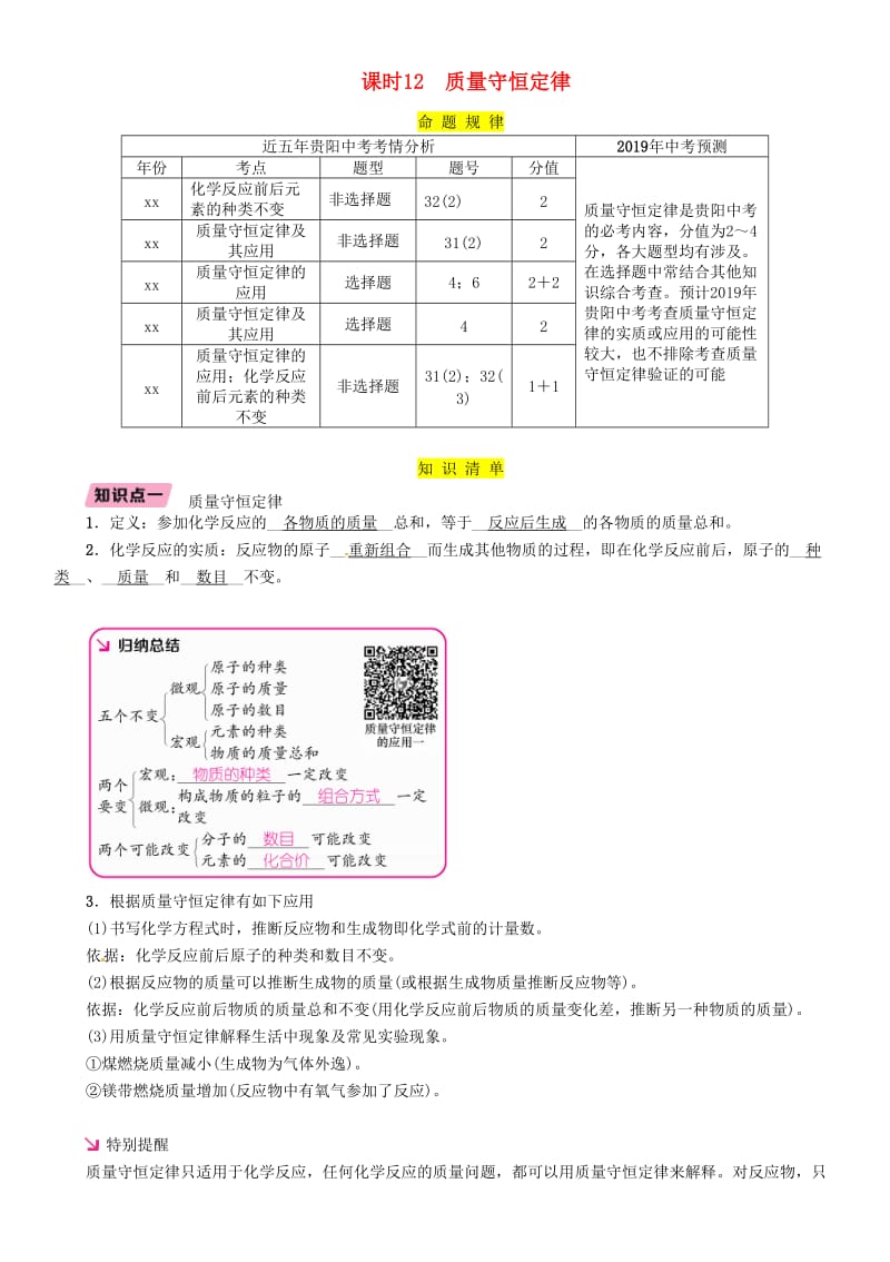 贵阳专版2019年中考化学总复习第1编主题复习模块3物质的化学变化课时12质量守恒定律精讲习题.doc_第1页