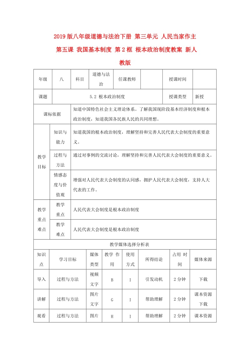 2019版八年级道德与法治下册 第三单元 人民当家作主 第五课 我国基本制度 第2框 根本政治制度教案 新人教版.doc_第1页