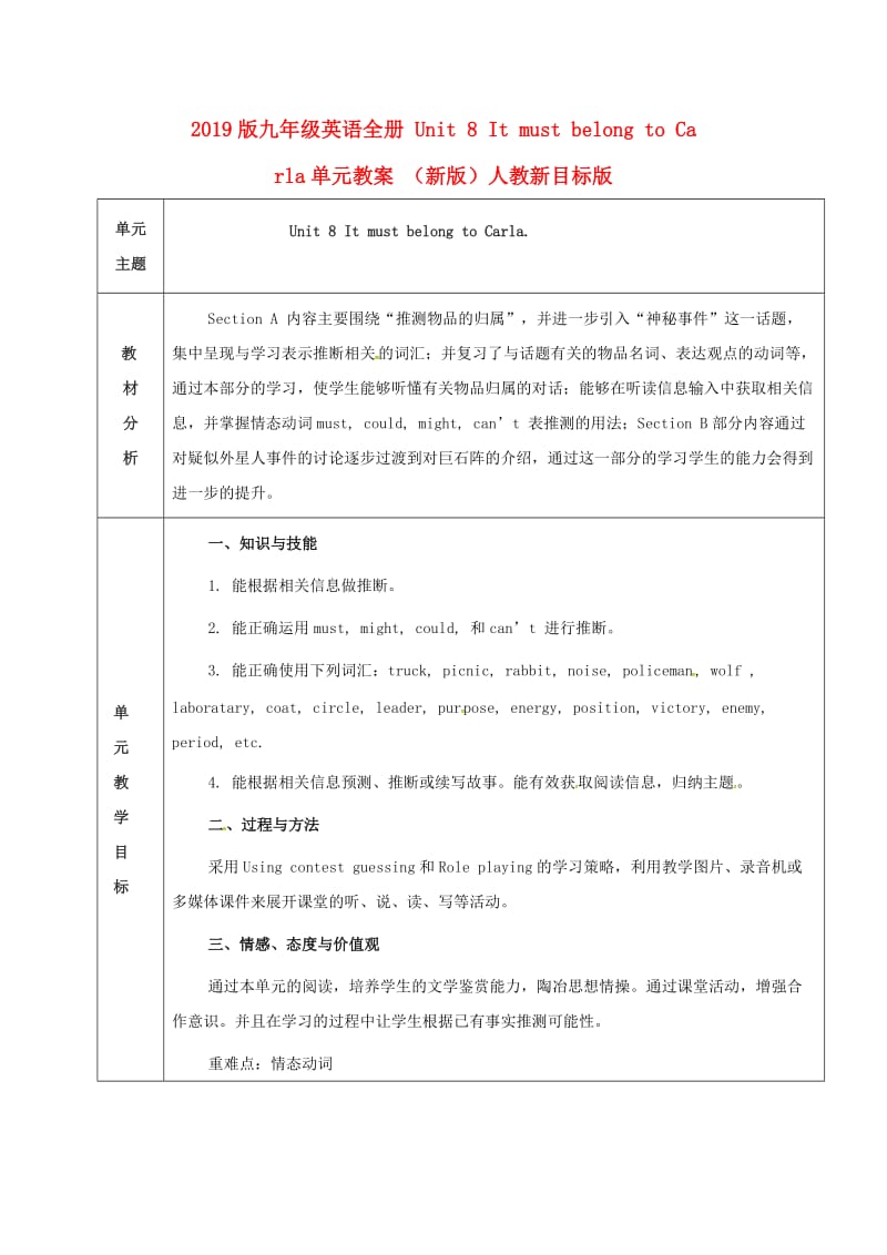 2019版九年级英语全册 Unit 8 It must belong to Carla单元教案 （新版）人教新目标版.doc_第1页