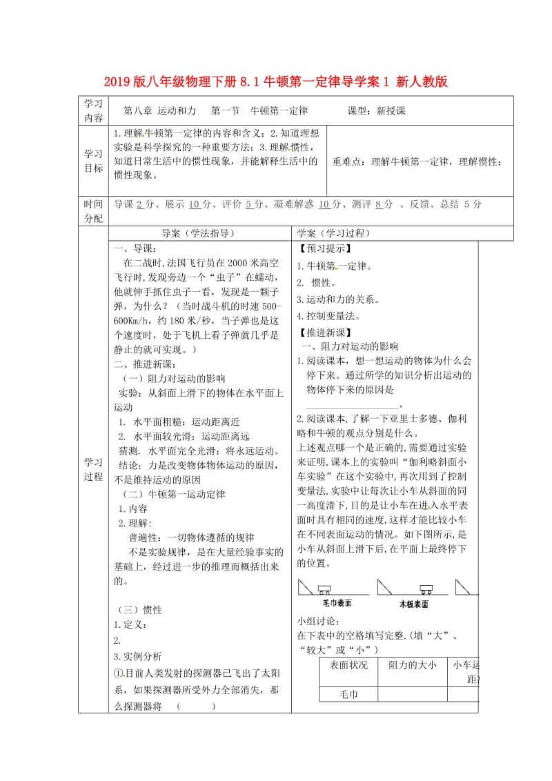 2019版八年级物理下册8.1牛顿第一定律导学案1 新人教版.doc_第1页