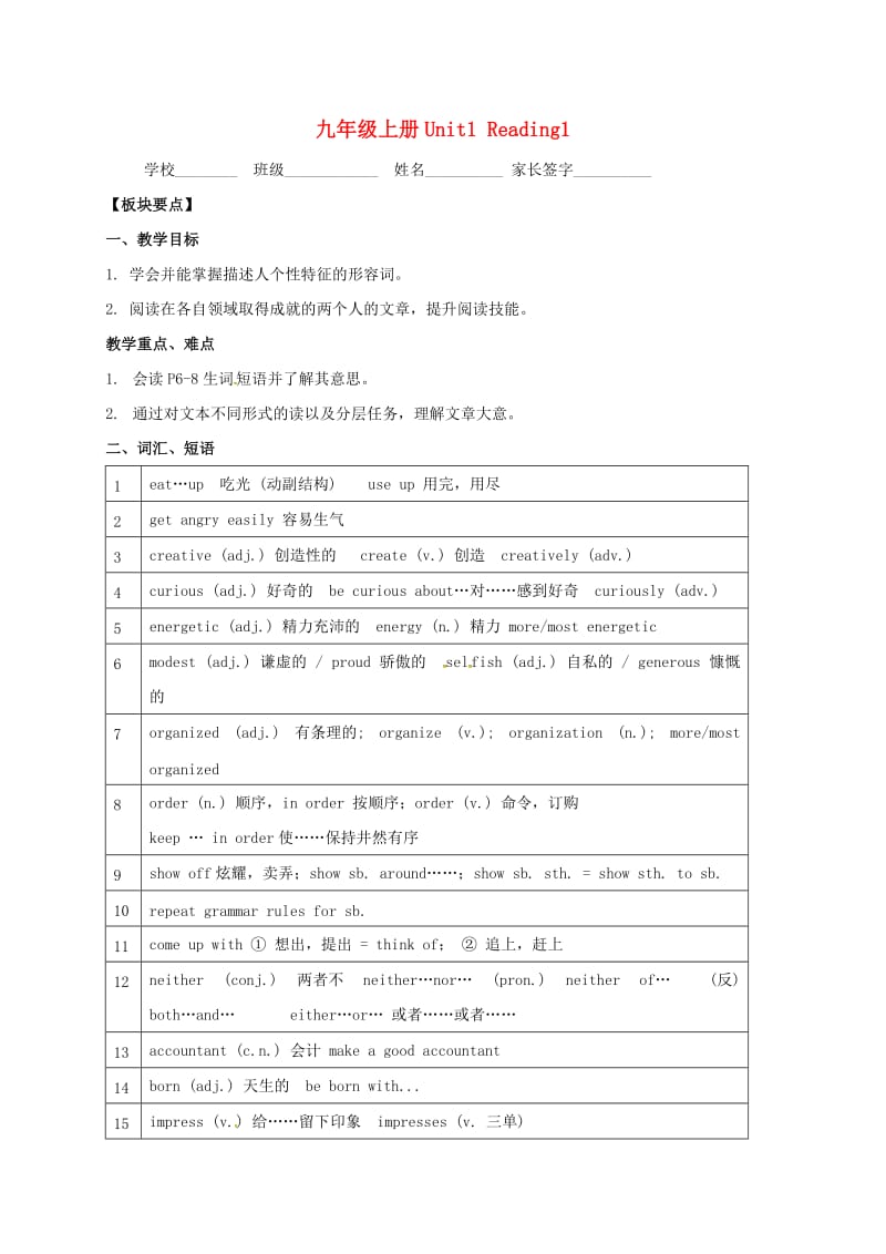 江苏省句容市九年级英语上册 Unit 1 Know yourself Reading 1学案（新版）牛津版.doc_第1页