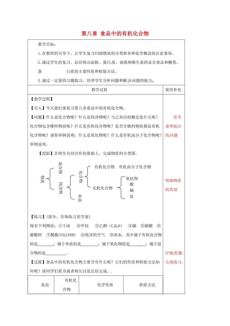 江苏省徐州市铜山区九年级化学下册 第8章 食品中的有机化合物复习教案 沪教版.doc_第1页