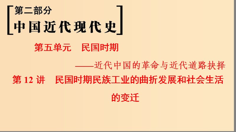 （通史版通用）2019版高考歷史一輪總復習 第2部分 中國近代現(xiàn)代史 第5單元 第12講 民國時期民族工業(yè)的曲折發(fā)展和社會生活的變遷課件.ppt_第1頁