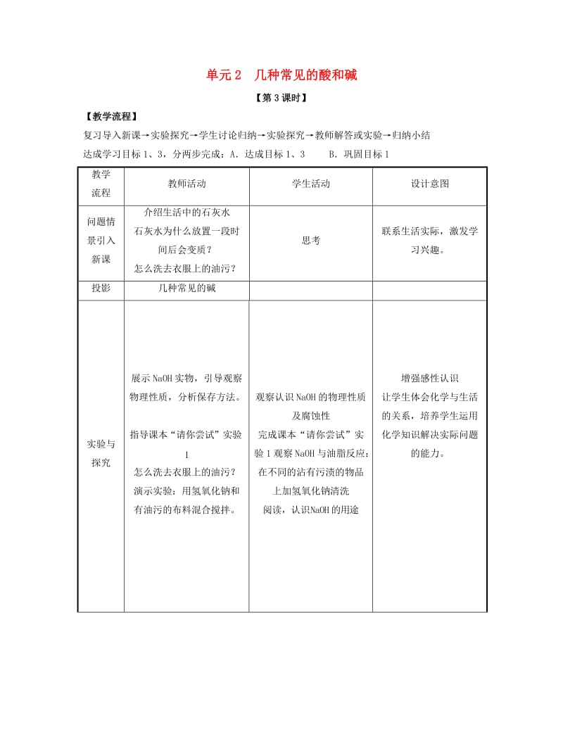 九年级化学下册 专题七 初识酸、碱和盐 单元2《几种常见的酸和碱》（第3课时）教案 （新版）湘教版.doc_第1页