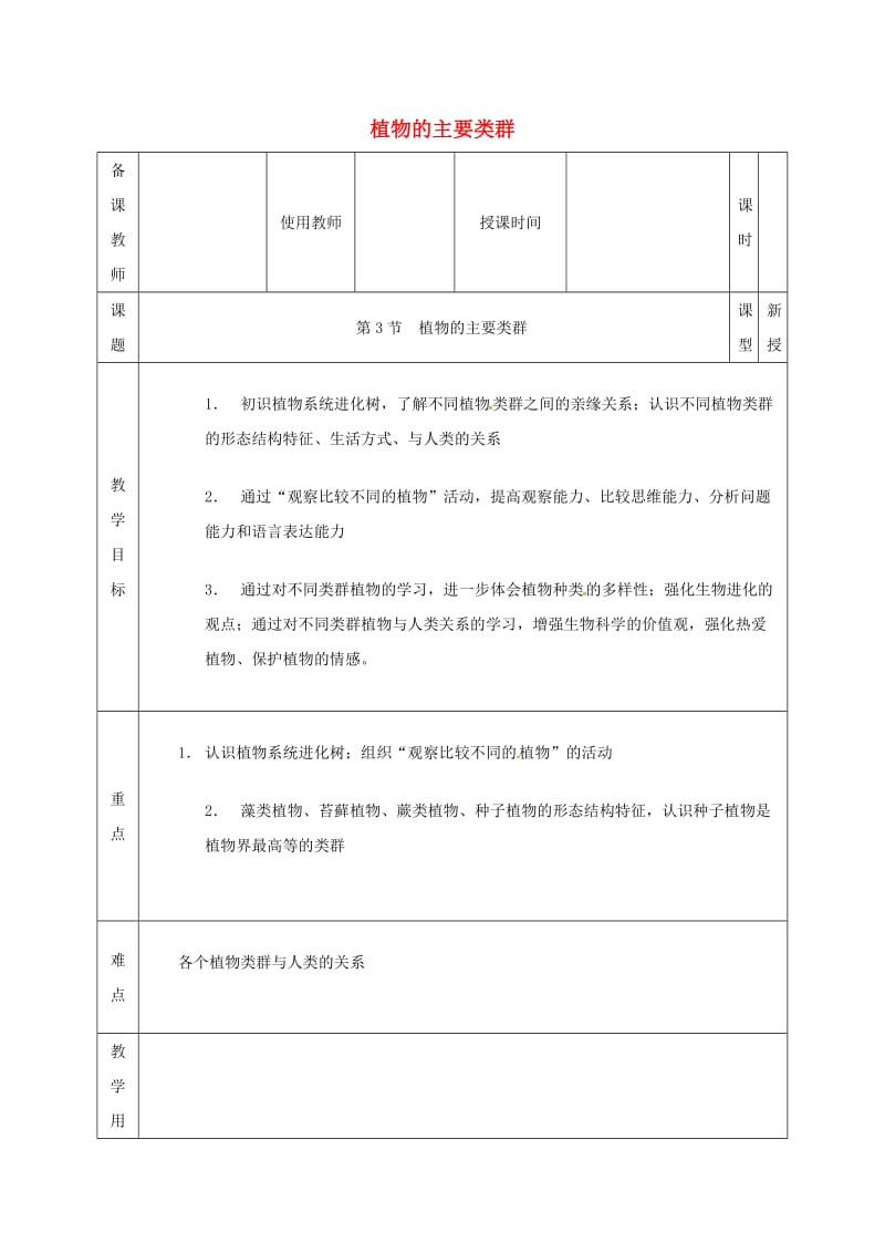 河北省邯郸市八年级生物下册 22.3 植物的主要类群教案 （新版）北师大版.doc_第1页