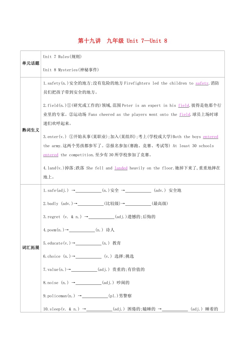 河南省2019中考英语复习 第一部分 考点知识过关 第十九讲 九全 Unit 7-8（梳理帮）检测.doc_第1页