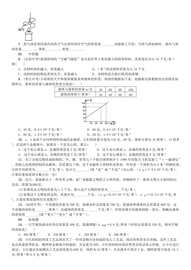 七年级科学上册 第4章 物质的特性 第3节 物质的密度 第2课时 密度的应用习题 （新版）浙教版.doc_第2页